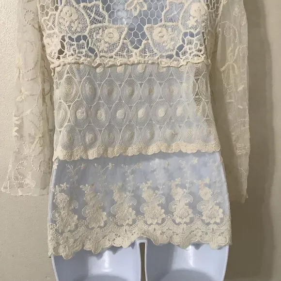 Cream Sheer Lace Crochet Fairycore Fairy Bohemian Hippie Boho Lagenlook Top M - Picture 6 of 7